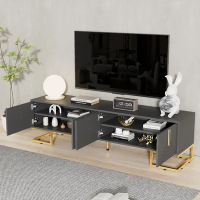 Immagine prodotto di tavolo TV okwish a 4 ante, lunghezza 170 cm, mobile TV con maniglie e gambe dorate per soggiorno, sala da pranzo e camera da letto, grigio