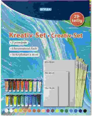 Produktbild von Stylex 28590 Kreativ Set 29 teilig Acrylfarben, Leinwände und Pinsel
