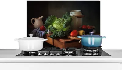 Obrázek produktu pro KitchenYeah® Odstřikovač do kuchyně - Odstřikovač do kuchyně - Ochrana stěny sporáku a dřezu - Zátiší - Zelenina - Barvy 70x50 - Alu-Dibond (alternativa ke skleněnému odstřikovači) - Tepelně odolný - Odstřikovač na sporák