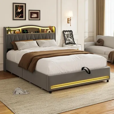Obrázok produktu pre Čalúnená posteľ – dvojposteľ 160 x 200 cm – LED osvetlenie a USB port – čelo s úložným priestorom – 4 zásuvky – zamat – sivá