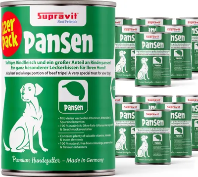Produktbild von Supravit Hundenassfutter mit Pansen 12 x 410g Dosen | Nassfutter getreidefrei mit hohem Fleischanteil für Hunde
