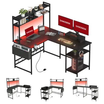 Produktbild von SANODESK biurko komputerowe biurko gamingowe biurko w kształcie litery L biurko młodzieżowe z oświetleniem LED, 2 gniazdami i 2 portami USB (czarne)
