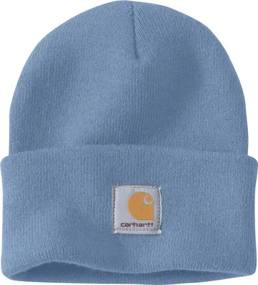 A light blue Carhartt beanie with an orange logo patch.