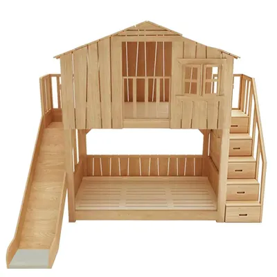 Produktbild von Hausbett Hochbett Spielbett Etagenbett Kinderbett 1500x2000mm Rutschen+Stufen mit Stauraum Birkenholz farbe /SW-150/