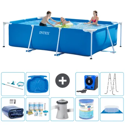 Produktbild von Intex-Schwimmbecken mit rechteckigem Rahmen – 300 x 200 x 75 cm – Blau – im Lieferumfang enthalten Sonnensegel - Wartungspaket - Filterpumpe für Schwimmbad - Filter - Bodenplane - Reinigungskit