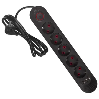 Image de Maclean Multiprise Câble d'extension 5 prises + 3xUSB 110-240V AC 50/60Hz 2,1A max 2500W 1,5m noir MCE395 B