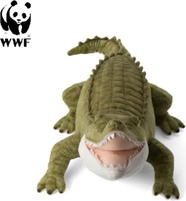 A plush toy crocodile is shown against a white background, with the WWF logo in the top left corner.