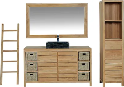 Image de Ensemble de meubles de salle de bain Teako Design Skara en teck avec miroir 120x90 cm