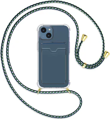 Produktbild von Handykette Backcover-Schutzhülle mit Band (Metall goldfarben) für Apple iPhone 14 (6.1'') - grün/blau/weiß