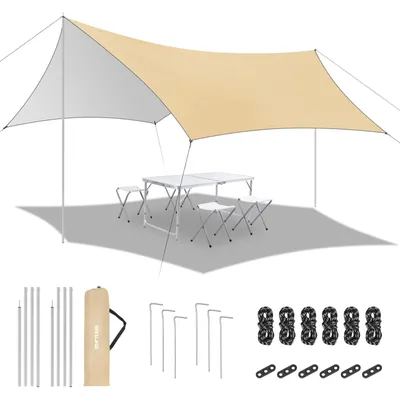 Productafbeelding van 3 x 4,5m zeshoekige Khaki kamptentdoek waterdicht ultralicht Tarp