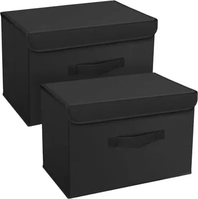 Produktbild von 2 Stück Aufbewahrungsboxen mit Deckel, Faltbare Aufbewahrungskiste mit Griff, Aufbewahrungskorb Stoff, Ordnungsboxen Kleiderschrank Organizer, Faltbox für Kleidung, Schwarz