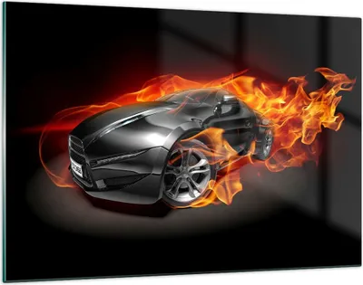 Produktbild von Bilder auf glas - Sportwagen Feuer Flammen Rauch - 120x80cm - Glasbilder - Wandbilder - Kunstdruck - zum Aufhängen bereit - Wanddekoration aus Glas - Glas Bilder - Wandbild auf Glas - GAA120x80-2656