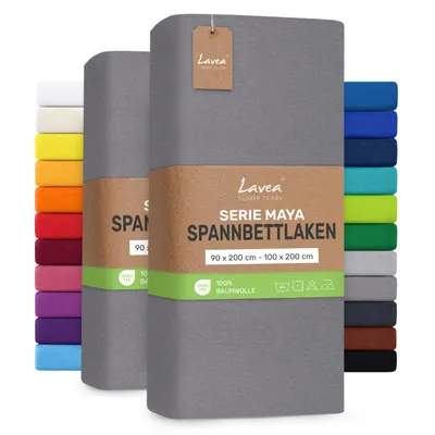 Produktbild von Lavea® 2er Pack Jersey Spannbettlaken 90/100x200 cm, 100% Baumwolle – Weiches Bettlaken für Matratzen bis 20 cm Höhe – Mittelgrau
