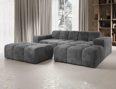 Produktbild von Moebelfest Fogo Ecksofa L‑Form mit Hocker - Cordstoff Dunkelgrau - Rechts