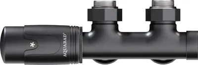 A black radiator thermostat valve with a white asterisk symbol and the brand name 'AQUABAD' visible.