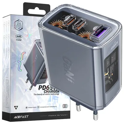 Produktbild von Acefast Ladegerät Gan 65W 3 Ports (1Xusb, 2Xusb C) Grau (A45)