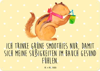 Produktbild von Mr. & Mrs. Panda Metallschild Eichhörnchen Smoothie DIN A3 - Gelb Pastell - Geschenk, Wandbild, Abnehmen, Green Smoothies, Streifenhörnchen, Türschild, Blechtafel, Schild