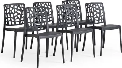 Produktbild von 6er-Set stapelbare Stühle aus glasfaserverstärktem Polypropylen für Außenbereich, Garten, Bars und Restaurants – modernes Design mit dekorativer Rückenlehne – TRIXY – Schwarz