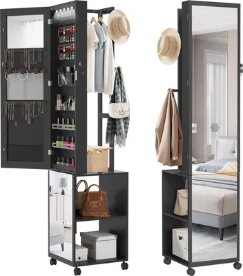 Image de UISEBRT Armoire à bijoux et à vêtements 5 en 1 noire avec LED, miroir et roulettes - armoire à bijoux avec miroir intégral et compartiments de rangement
