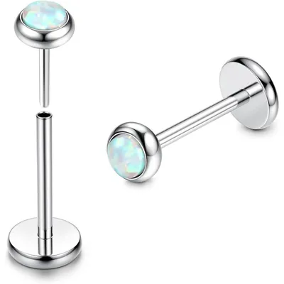 Zdjęcie produktu dla Piercing labret G23 Titan, 2 sztuki, z cyrkoniami (CZ) i opalem, dostępne w rozmiarach 20G/16G, długość 6/8 mm