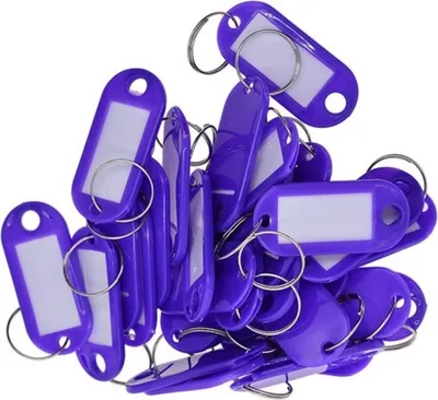 Immagine prodotto di Confezione da 2 portachiavi personalizzabili, monocolore - Targhette per portachiavi con anello personalizzabili | Portachiavi personalizzabile | Portachiavi in plastica con etichette intercambiabili - Viola