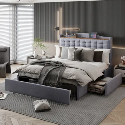 Obrázok produktu pre Abrihome čalúnená posteľ 140×200 cm manželská posteľ so 4 zásuvkami, nočným stolíkom s nabíjacím portom USB a poličkou, sivá
