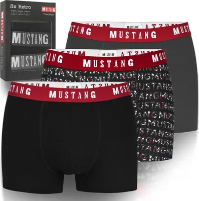 Three pairs of men's boxer shorts are displayed in a product shot, with a box of the product visible on the left.