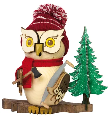 Produktbild von Drechslerei Kuhnert - Räucherfigur Eule als Waldarbeiter - Größe ca. 15cm, für Räucherkerzen Größe M (Standard) - 37231