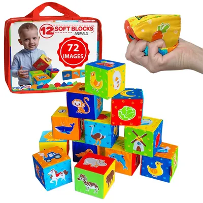 Obrázok produktu pre magdum Mäkké kocky pre bábätká – 12 senzorických kociek s motívmi farmy, zoo a mora