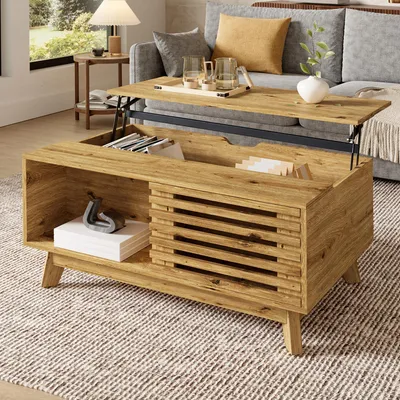 Produktbild von Merax höhenverstellbare Couchtisch mit Jalousietür verschiebbar, Wohnzimmertisch aus MDF, multifunktional Sofatisch mit Stauraum, Natur