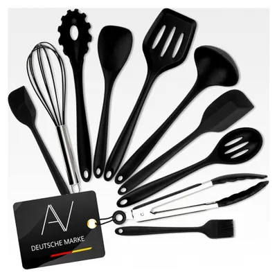 Produktbild von Silikon Küchenhelfer Set, 10 Stück Küchenutensilien Hitzebeständig Kochbesteck Backen Kochen Antihaft Kochzange, Schneebesen, Spachtel, Backpinsel, Pfannenwender - Schwarz