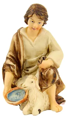 Produktbild von Hirte kniend mit Schaf, Höhe: 12 cm, handbemalt, detailgetreue Krippenfiguren - Tischdekoration für Weihnachten