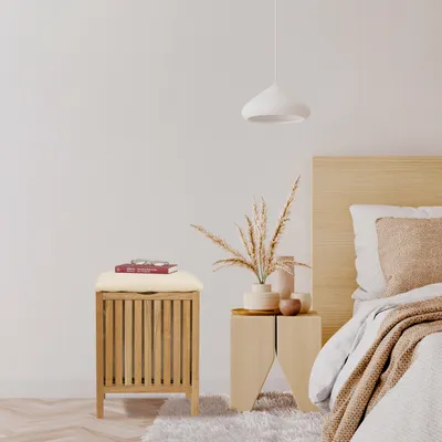 Produktbild von Relaxdays Wäschekorb mit Sitz, Badhocker mit Stauraum, 30 l Wäschesammler, HBT: 51 x 38 x 38 cm, Holz/Stoff, natur/weiß