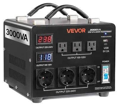 Zdjęcie produktu dla Transformator napięcia VEVOR, 3000 VA, transformator step-up/step-down, 110 V na 220 V i 220 V na 110 V, z 3 gniazdami US, 3 gniazdami EU, wyświetlaczem LCD, wyłącznikiem automatycznym