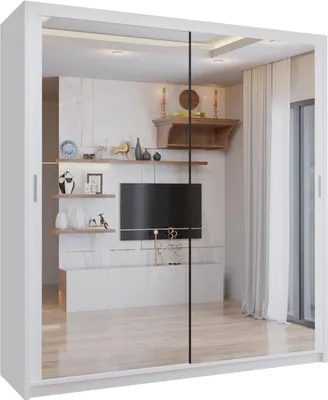 Produktbild von Krudox LUX Weiß Schiebetürenschrank Kleiderschrank 120x216x62 cm mit Spiegel - Schlafzimmermöbel – Mehrzweckschrank mit 2 Kleiderstangen