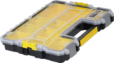 Produktbild von Stanley Profi-Organizer mit flachen Fächern aus Kunststoff in Schwarz, Transparent, Gelb, mit hochtransparentem, kratz- und schlagfestem Deckel, modulares Design zum Zusammenstecken.