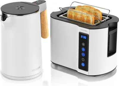 Produktbild von Arendo Frühstücks-Set Edelstahl, Wasserkocher mit Temperatureinstellung 1,5l, Toaster 2 Scheiben Kurzschlitz, Brötchenaufsatz, Touch, weiß