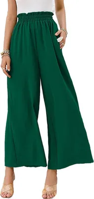 Image de ASKSA Femmes Pantalon d'été taille haute Pantalon large Jupe-culotte plissée Pantalon d'été loisirs avec poche, Vert foncé, XL