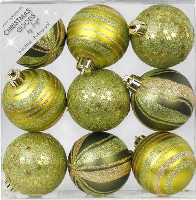 Produktbild von Weihnachtskugeln Kunststoff 6cm mit Glitzer 9er Set - Olive Green