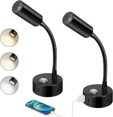Immagine prodotto di Lampada da lettura a LED - Lampada da comodino - Illuminazione per comodino - Con USB A e C - 12 Volt - Nera