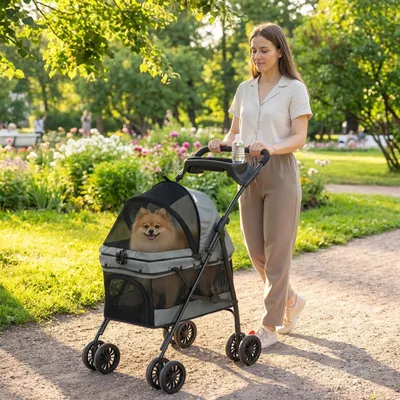Produktbild von Hundebuggy klappbar bis 10kg, Hundewagen faltbar, Oxford-Stoff, Grau | 73 x 50 x 96 cm | 5,5-Zoll-Schwenkräder | 2 Sicherheitsleinen