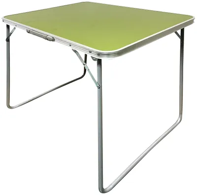 A foldable camping table with a green top and silver metal legs, shown from a diagonal angle against a white background.