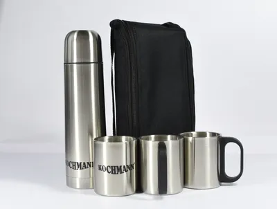 Produktbild von Kochmann Hochwertiger 18/10 Edelstahl 500 ml Thermoskanne Reise-Set 5-in-1 – mit 3 Tassen – Inkl. Tragetasche – Ideal für Outdoor, Camping & Reisen