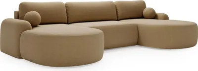 Produktbild von BETTSO Elegantes beiges Ecksofa U CLOUDY aus Lammfellstoff mit abgerundeten Seiten und dekorativen Kugelkissen