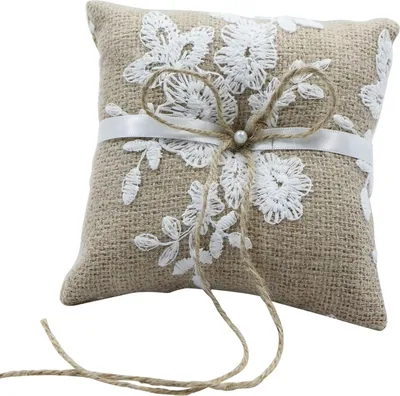 Produktbild von Ringkissen, Vintage Jute Spitze mit Blumen, 15 x 15 cm, für Hochzeit und Zeremonie