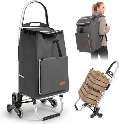 Produktbild von Sekey 3in1 Aluminium Trolley Faltbar Einkaufstrolley Klappbar, Shopping Trolley, 50L Rucksack, Kühlfach, Treppensteiger - Grau