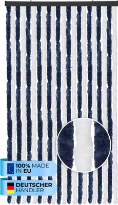 Immagine prodotto di Tenda in pile (90x220 cm) per porte "Blu scuro - bianco" come protezione dagli insetti per balcone, terrazza o camper, roulotte, padiglione