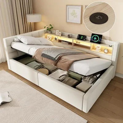 Obrázok produktu pre Merax, lôžko s úložným priestorom, rozmer 90x200 cm, rozkladacia pohovka s hydraulickým systémom, LED pásik, polička, USB port, lôžko s lneným poťahom, čalúnené lôžko, farba: béžová
