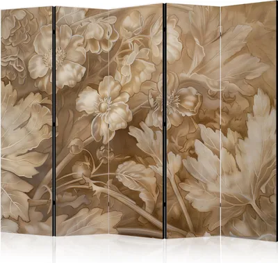 Produktbild von 5-teiliger Doppelseitiger Vlies Paravent - Carved Floral Ornaments in Soft Sepia and Brown Tones 225x172 cm Blumen b-H-10015-z-b