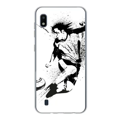 Produktbild von MuchoWow® Handyhülle Schutzhülle Hülle für Samsung Galaxy A10 Eine Illustration einer Person, die einen Fußball in Richtung Tor schießt - Jungen - Junge - Kind Silikon Softcase Handy Hülle - Schutzhülle